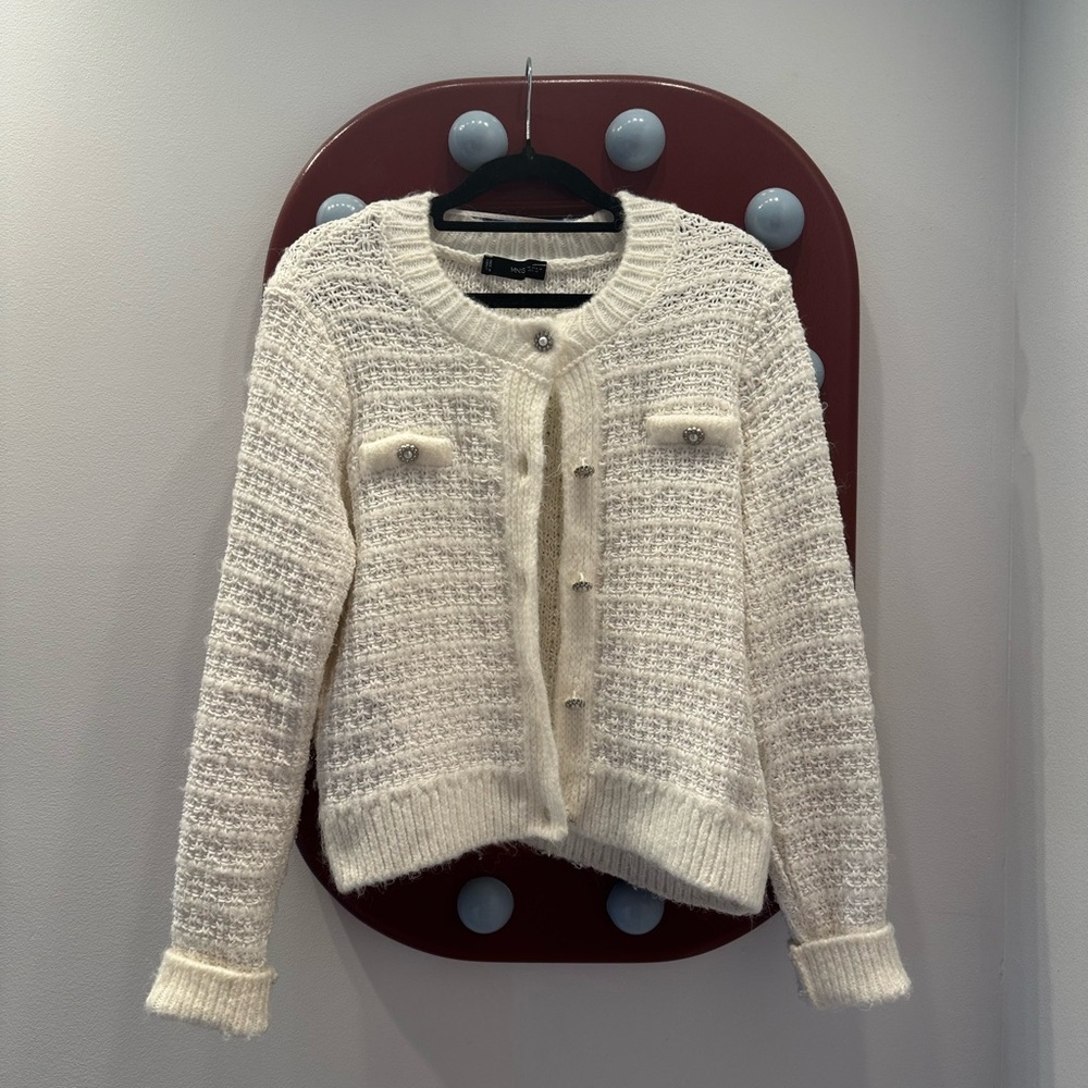 Mango Tweed Knit Cardigan W. Pearl Buttons